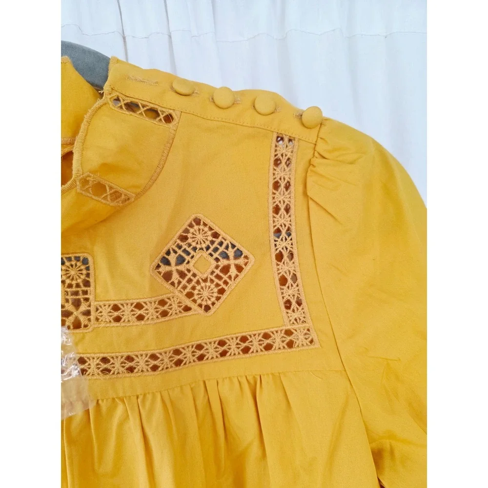Free People another eternity Mustard Yellow eyelet Cotton Blouse XS Oversize new